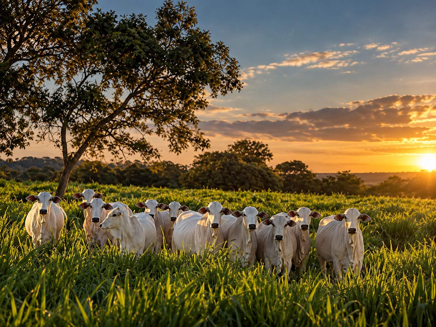 Rebanho Nelore no pasto da Fazenda São Bento ao pôr do sol