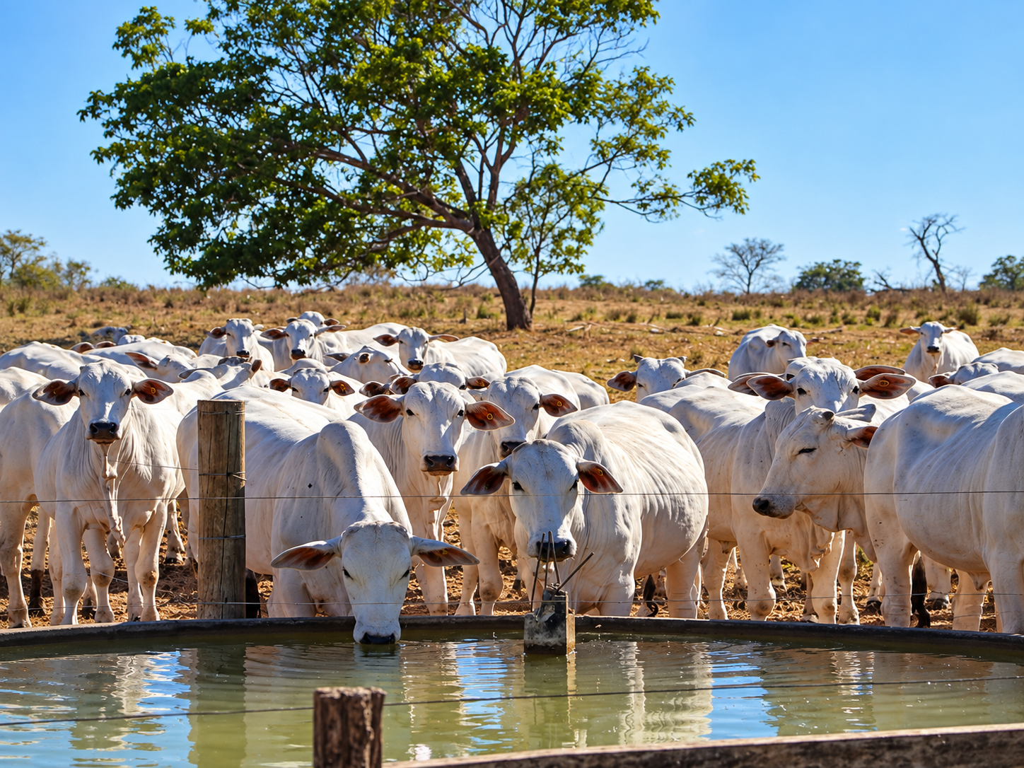 Rebanho Nelore no bebedouro da Fazenda São Bento